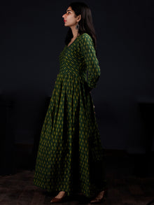 Green Yellow Handloom Mercerised Ikat Cotton Long Dress - D317F1568