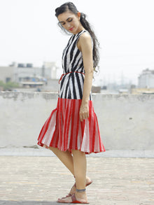 Black Red White Handloom Double Ikat Dress With Tassels & Side Pockets-  D112F763