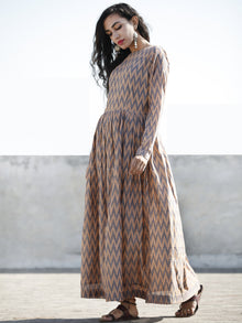 Peach Grey Handwoven Long Mercized Ikat Dress With Gathers (Lining Attached)-  D168F832