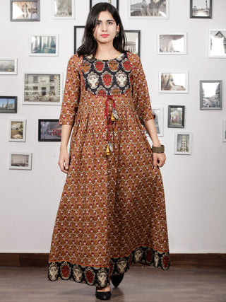 Peanut Brown Beige Maroon Black Hand Block KalamKari Printed Long Cotton Dress With Potli Tassels & side Pocket - D302F1491