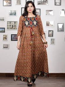 Peanut Brown Beige Maroon Black Hand Block KalamKari Printed Long Cotton Dress With Potli Tassels & side Pocket - D302F1491