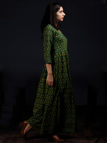 Green Yellow Handloom Mercerised Ikat Cotton Long Dress - D317F1568
