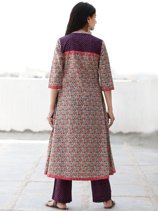 Sage Green Navy Orange Pink Cotton Hand Block Printed Kurta & Pants - Set of 2 - SS01F1863