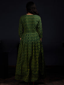 Green Yellow Handloom Mercerised Ikat Cotton Long Dress - D317F1568