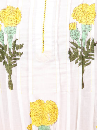 White Yellow Green Hand Block Printed Kurta - K128F1501