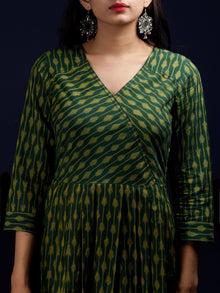 Green Yellow Handloom Mercerised Ikat Cotton Long Dress - D317F1568