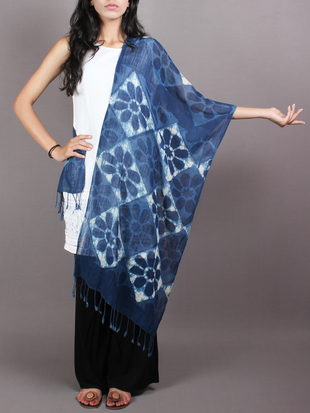 Indigo Bagru Hand Block Printed Handloom Cotton Stole - S6317024