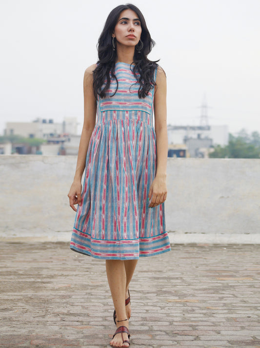 Beige Pink Sea Green Ivory Ikat Sleeveless Dress With Gathers & Side Pockets  - D68F726