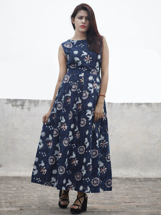 Indigo Ivory Maroon Long Sleeveless Hand Block Printed Cotton Dress With Knife Pleats & Side Pockets - D32F982