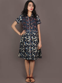 Indigo Black Ivory Red Hand Block Printed Knee Length Cotton Dress With Lace Insert - D0839901