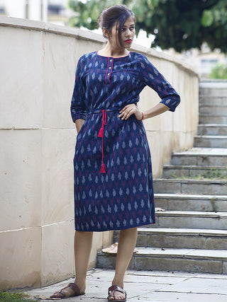 Indigo Magenta White Handwoven Ikat Dress Tie-Up Waist With Side Pockets - D87F806