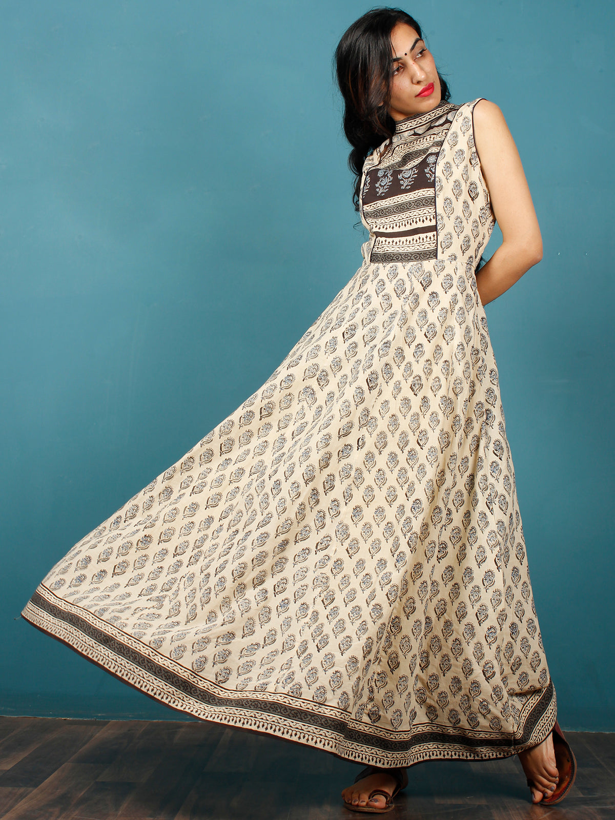 Naaz Beige Black Grey Hand Block Printed Long Cotton Sleeveless Dress With Back Tassel Belt -  DS50F001