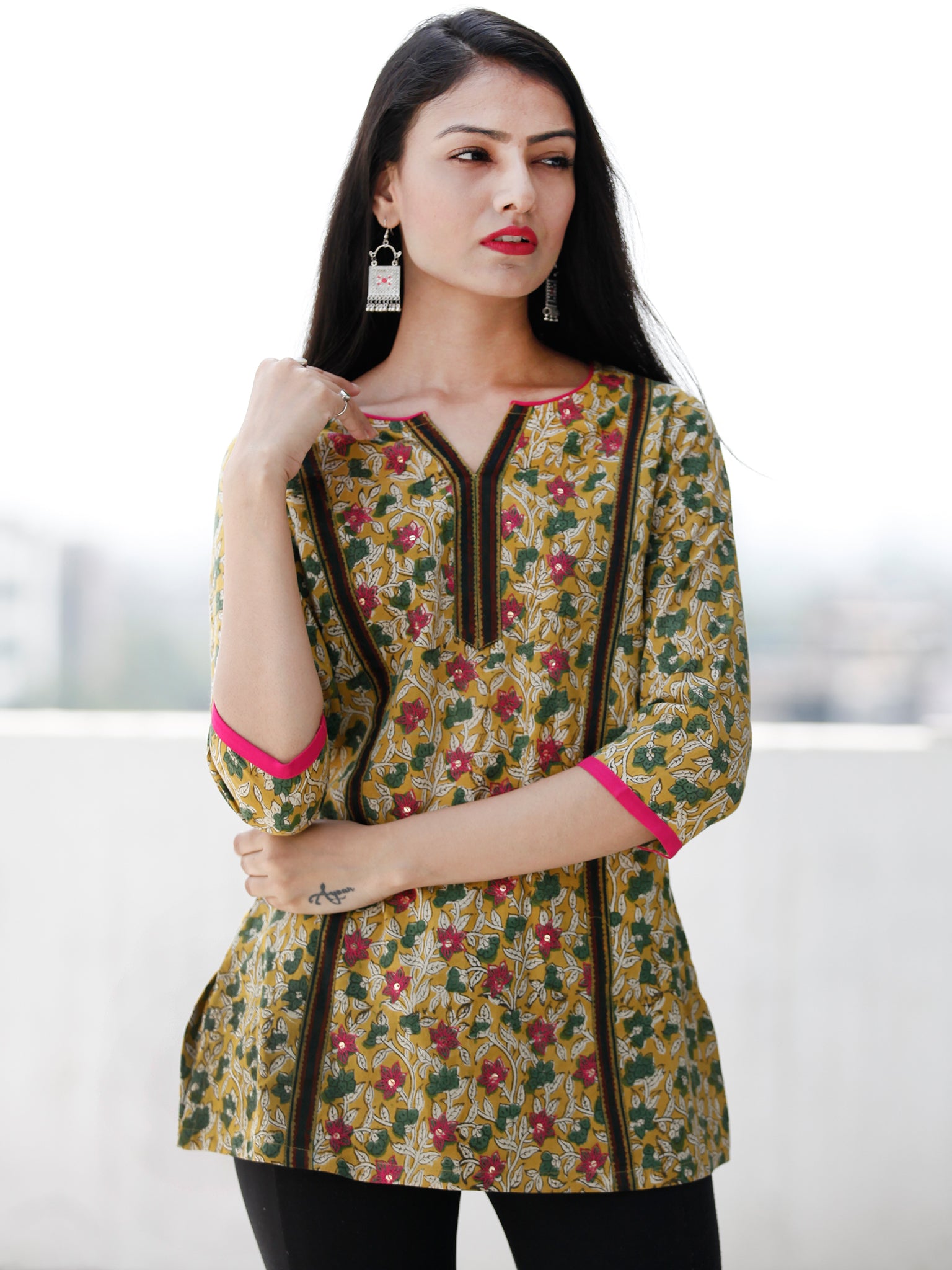 Mustard Green Magenta Embroidered Hand Block Printed Cotton Top - T60F ...