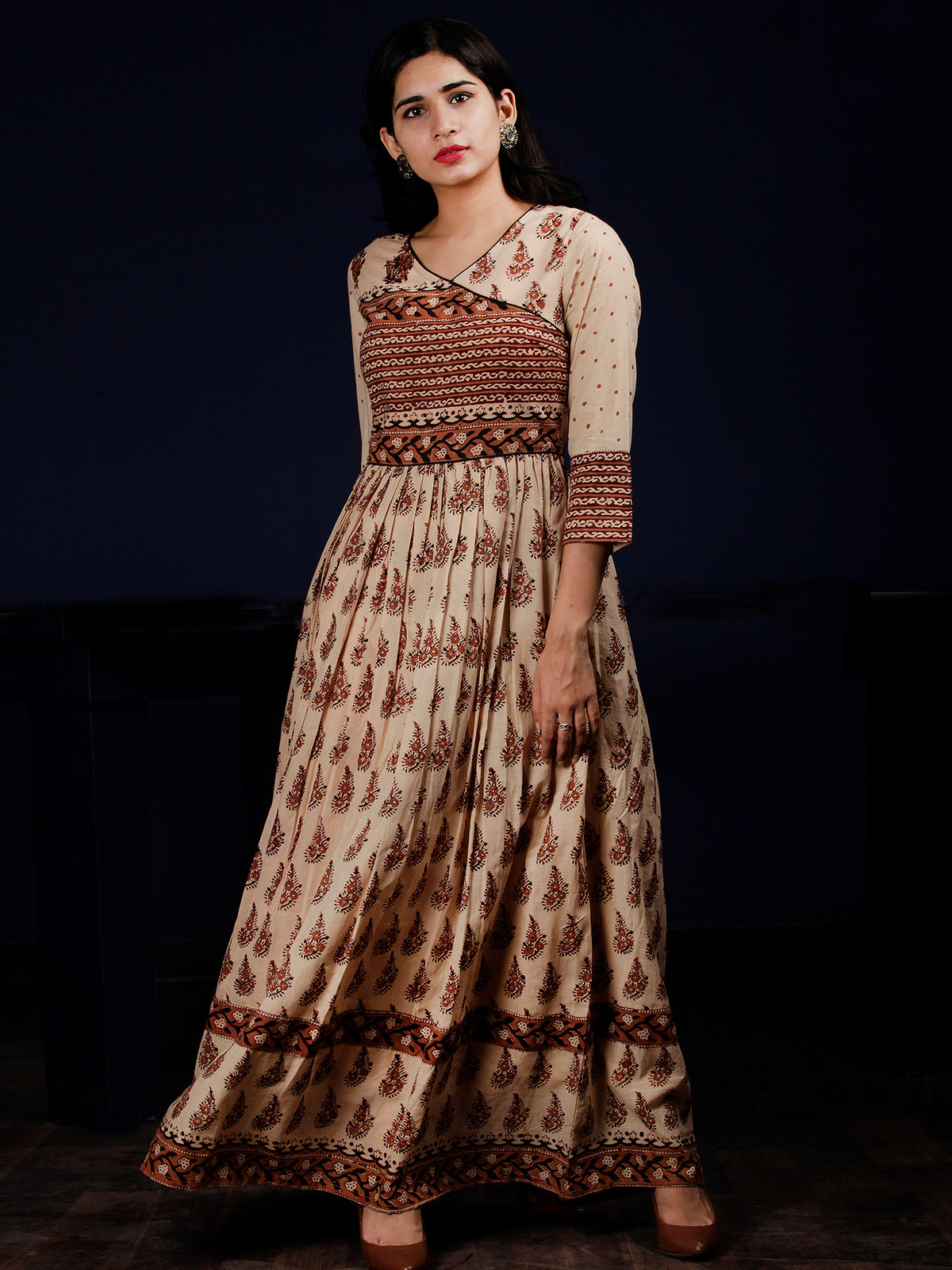 Naaz Amna - Beige Brown Black Hand Block Printed Long Cotton Gatheres Dress  - DS59F001