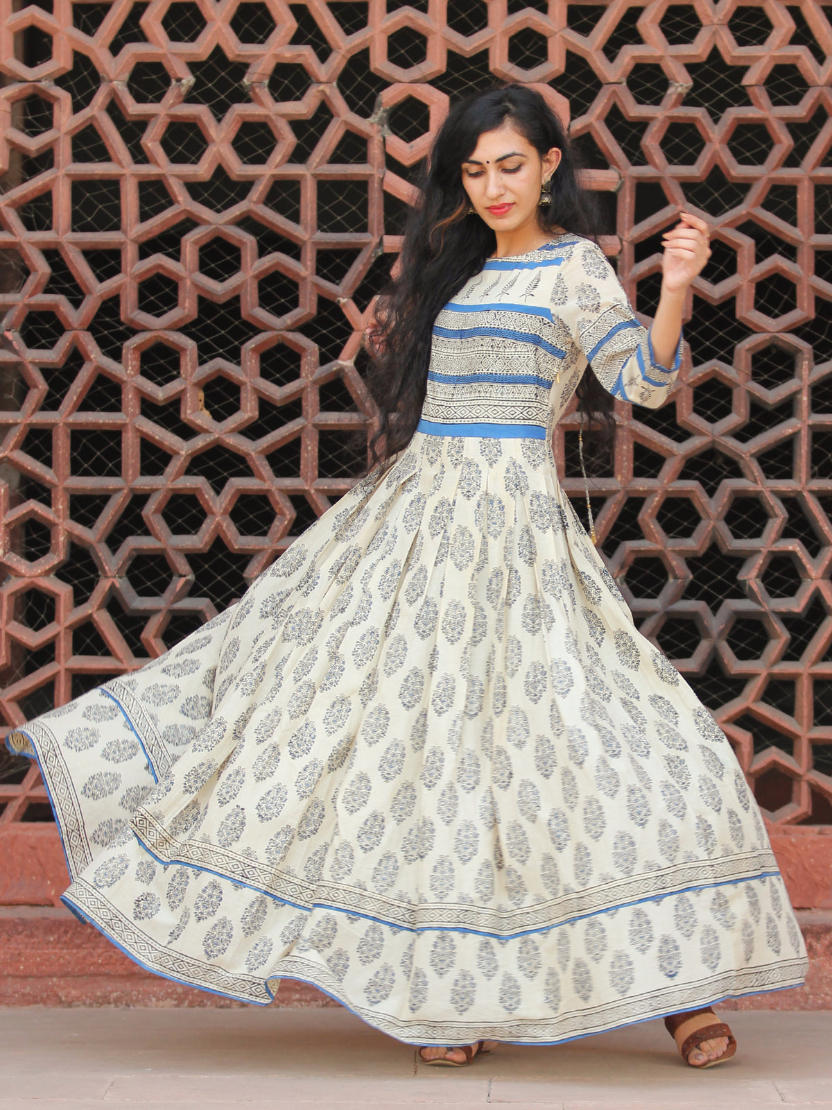 Naaz Eternal Blocks  - Hand Block Printed Long Cotton Pleated Flare Dress  - DS74F001