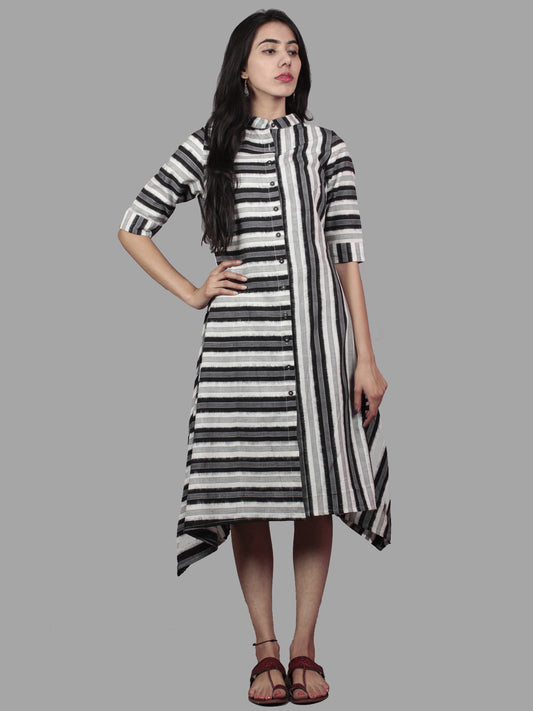 Black Ivory Grey Handwoven Double Ikat Full Stripes Asymmetrical Dress  - D5176001