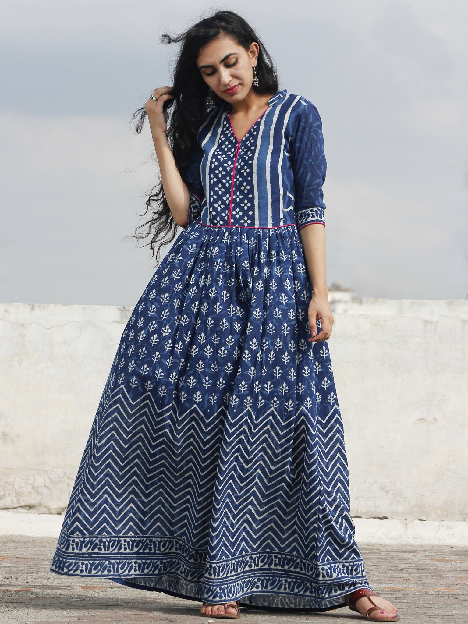 Naaz Nafisa - Indigo Ivory Magenta Hand Block Printed Dress With Gathe ...