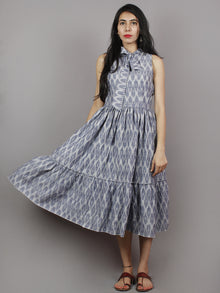 Heather Grey Midi Sleeveless Handwoven Ikat Tier Dress With Pussy Cat Bow Neck - D5067001