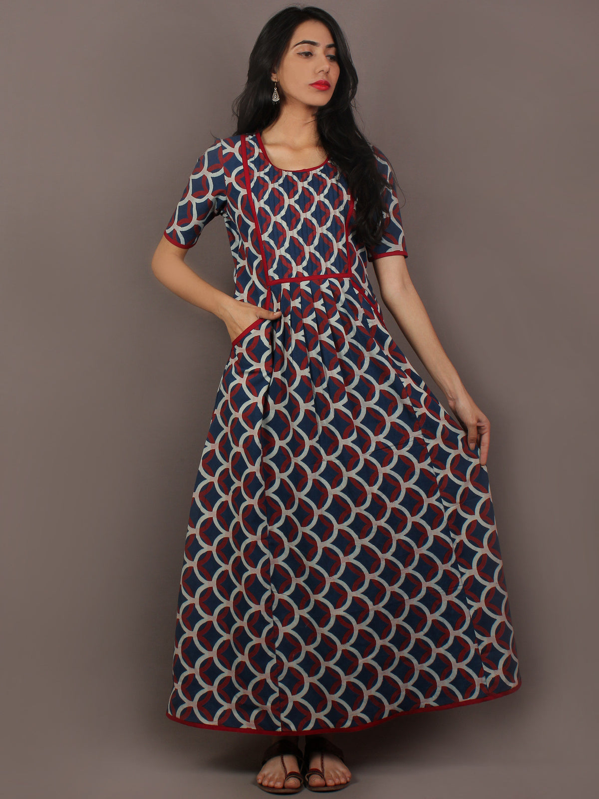Indigo Maroon Ivory Hand Block Ajrakh Printed Cotton Knife Pleated Dress - D2347601