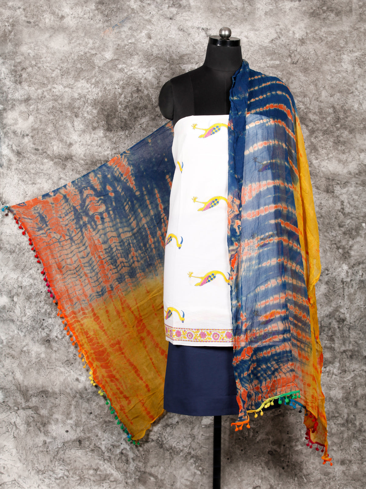 White Yellow Indigo Orange Hand Block Printed Cotton Suit-Salwar Fabric With Chiffon Dupatta (Set of 3) - SU01HB324