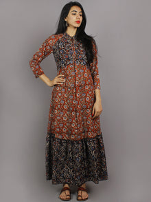 Red Black Beige Blue Green Hand Block Printed Long Cotton Dress With Mandarin Collar- D3457901