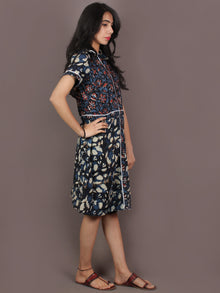 Indigo Black Ivory Red Hand Block Printed Knee Length Cotton Dress With Lace Insert - D0839901
