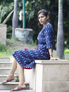 Indigo Magenta White Handwoven Ikat Dress Tie-Up Waist With Side Pockets - D87F806