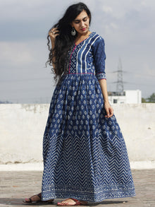 Naaz Nafisa - Indigo Ivory Magenta Hand Block Printed Dress With Gathers -  DS17F001