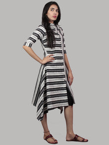 Black Ivory Grey Handwoven Double Ikat Full Stripes Asymmetrical Dress  - D5176001