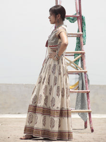 Naaz Ivory Maroon Rust Black Hand Block Printed Long Cotton Dress with Gathers & Tassels - DS14F001