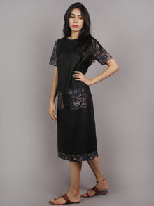 Black Maroon Blue Beige Hand Block Printed Cotton & Rayon Dress With Front Pockets - D4461501