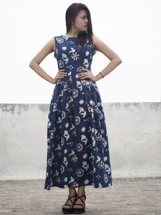 Indigo Ivory Maroon Long Sleeveless Hand Block Printed Cotton Dress With Knife Pleats & Side Pockets - D32F982