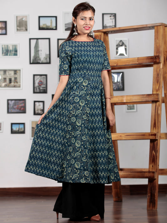 Indigo Sage Green Black Ajrakh Hand Block Printed Kurta  - K64BP0148