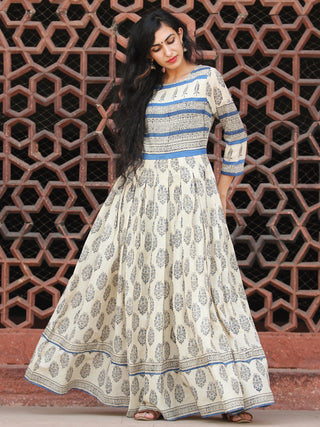 Naaz Eternal Blocks  - Hand Block Printed Long Cotton Pleated Flare Dress  - DS74F001