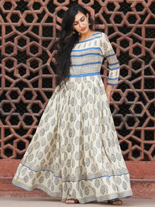 Naaz Eternal Blocks  - Hand Block Printed Long Cotton Pleated Flare Dress  - DS74F001