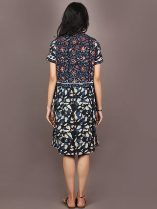 Indigo Black Ivory Red Hand Block Printed Knee Length Cotton Dress With Lace Insert - D0839901
