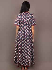 Indigo Maroon Ivory Hand Block Ajrakh Printed Cotton Knife Pleated Dress - D2347601