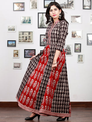 Red White Black Bagh Printed Panel Cotton Long Dress With Stand Collar  - D294F1710