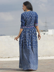 Naaz Nafisa - Indigo Ivory Magenta Hand Block Printed Dress With Gathers -  DS17F001