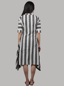 Black Ivory Grey Handwoven Double Ikat Full Stripes Asymmetrical Dress  - D5176001