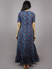 Indigo Brick Red Ivory Hand Block Printed Long Princess Line Cotton Dress - D2600102