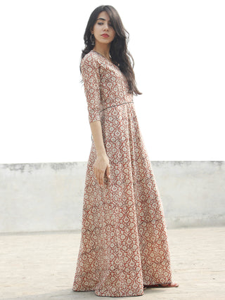 Red Ivory Black Hand Blocked Cotton Long Dress With Tie-Up Back Waist  - D162F1084