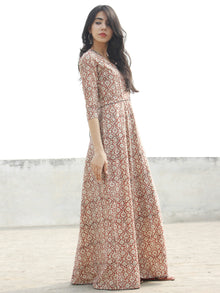 Red Ivory Black Hand Blocked Cotton Long Dress With Tie-Up Back Waist  - D162F1084