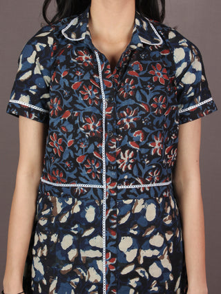 Indigo Black Ivory Red Hand Block Printed Knee Length Cotton Dress With Lace Insert - D0839901