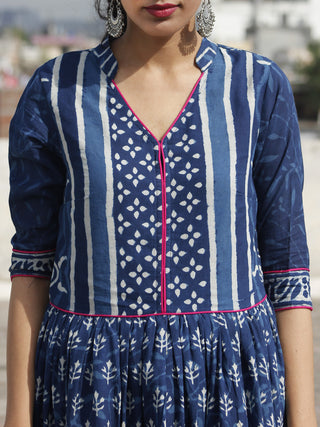 Naaz Nafisa - Indigo Ivory Magenta Hand Block Printed Dress With Gathers -  DS17F001