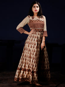Naaz Amna - Beige Brown Black Hand Block Printed Long Cotton Gatheres Dress  - DS59F001