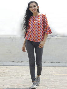 Pink Mustard Red Voilet Hand Woven Ikat Top With Bell Sleeves  - T16F575
