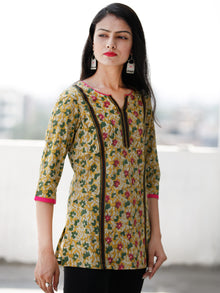 Mustard Green Magenta Embroidered Hand Block Printed Cotton Top  - T60F1132