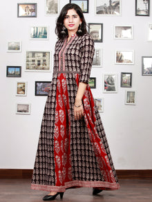 Red White Black Bagh Printed Panel Cotton Long Dress With Stand Collar  - D294F1710
