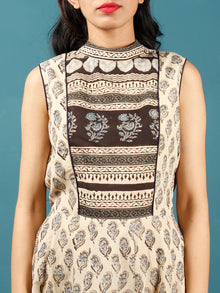 Naaz Beige Black Grey Hand Block Printed Long Cotton Sleeveless Dress With Back Tassel Belt -  DS50F001